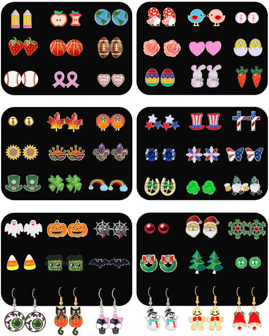 54 Pairs Hypoallergenic Holiday Earrings Set for Girls Women Halloween Christmas Fall Thanksgiving Earrings Valentine's Day St. Patrick’s Day Easter 4th of July Earring