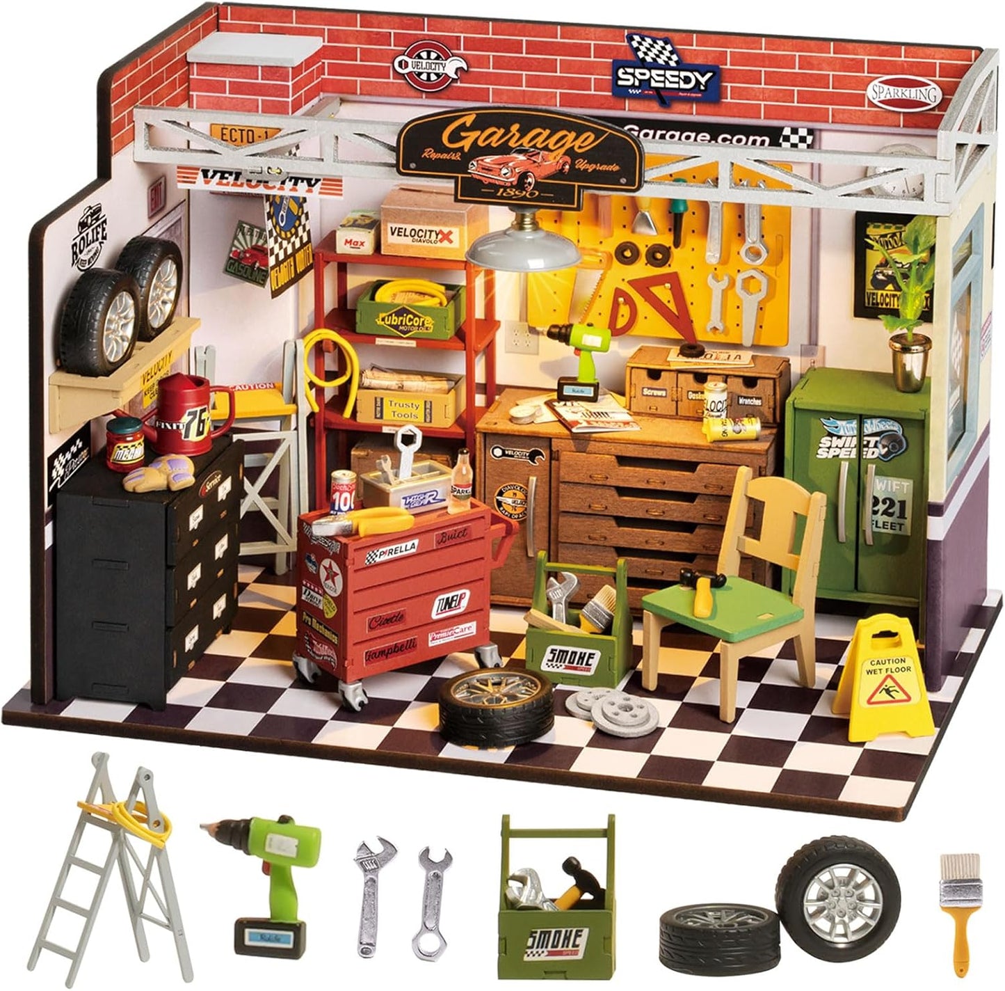 Rolife DIY Miniature House Kit Garage Workshop, Build 1/20 Mini House Building Kit with LED Craft Kits for Aduls Gifts for Him Her