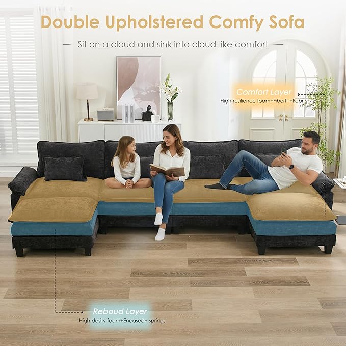 URRED Cloud Couch Modular Sectional Sofa, 157" Modern U Shaped Deep Seat Sofa with 2 Ottomans & Pillows, Ultra Comfy Chenille Couches for Living Room, Bedroom or Apartment, Black