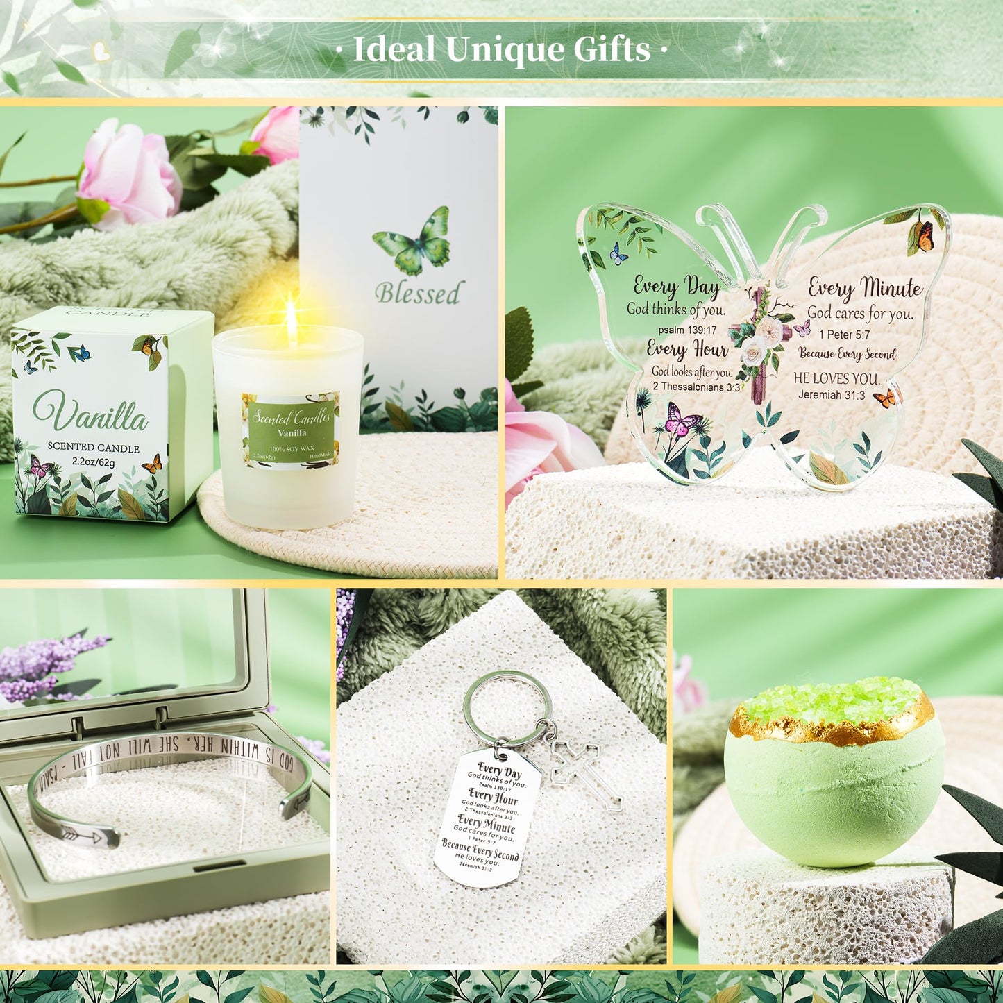 Fortuning's JDS 13PCS Christian Gifts for Women Faith- Inspirational Religious Catholic Gifts Basket, Green Self Care Package Get Well Soon Gifts,Birthday Gifts, for Mom Her Wife Girlfriend Friend