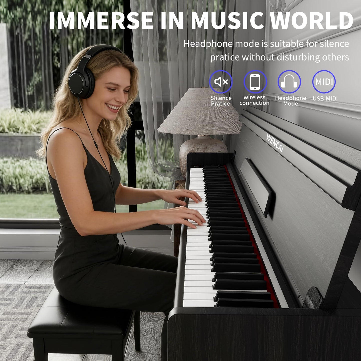 WENCAI 88 Keys Fully Weighted Digital Piano Keyboard, Hammer Action Upright Electric Piano for Beginner Professional with Semi-Automatic Soft-Close Fallboard, 3 Pedals, Black