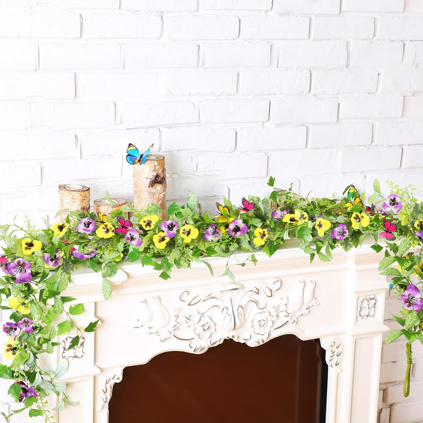 XunYee 2 Pcs 6 ft Artificial Summer Flower Garland for Mantle Pansy Flower Butterfly Eucalyptus and Ivy Leaves Wreath Garland for Farmhouse Home Stairs Fireplace Summer Indoor Decor