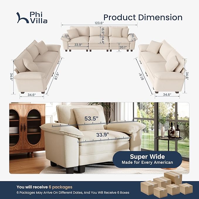 PHI VILLA Cloud Modular Couches Sets, 3 Pieces Large Sectional Sofa Set with Loveseats, 7-Seater Upholstered Couch for Living Room, Chenille Fabric, Beige