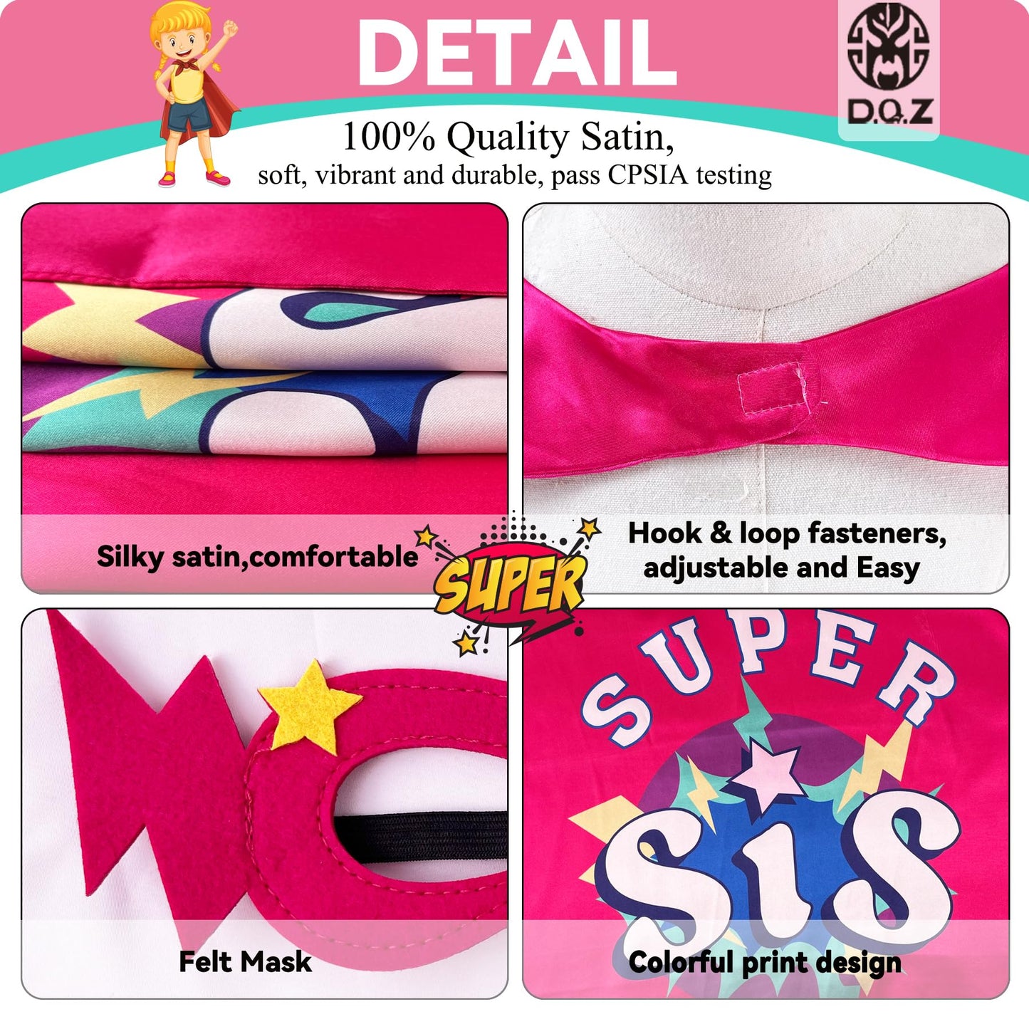 D.Q.Z Superhero-Capes and Masks for Kids, Big Sister Gifts for Girls' Role Play New Sibling Birthday Family Party (Rose)