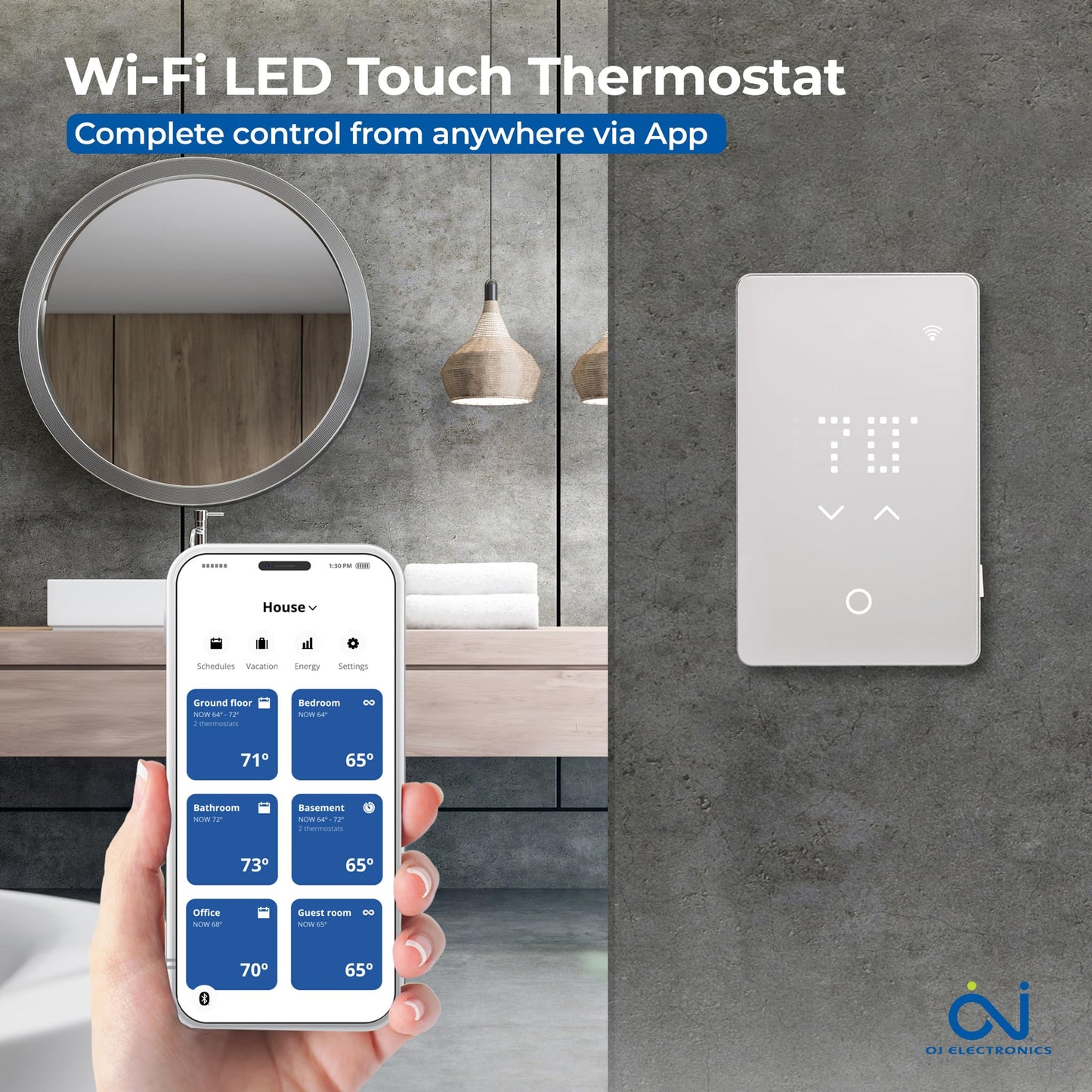OJ Microline UWG5 LED Smart Heated Floor Thermostat - WiFi & Touchscreen - 120/240v - Programmable with Voice Control - Radiant Floor Heating Thermostat with GFCI & Flooring Sensor