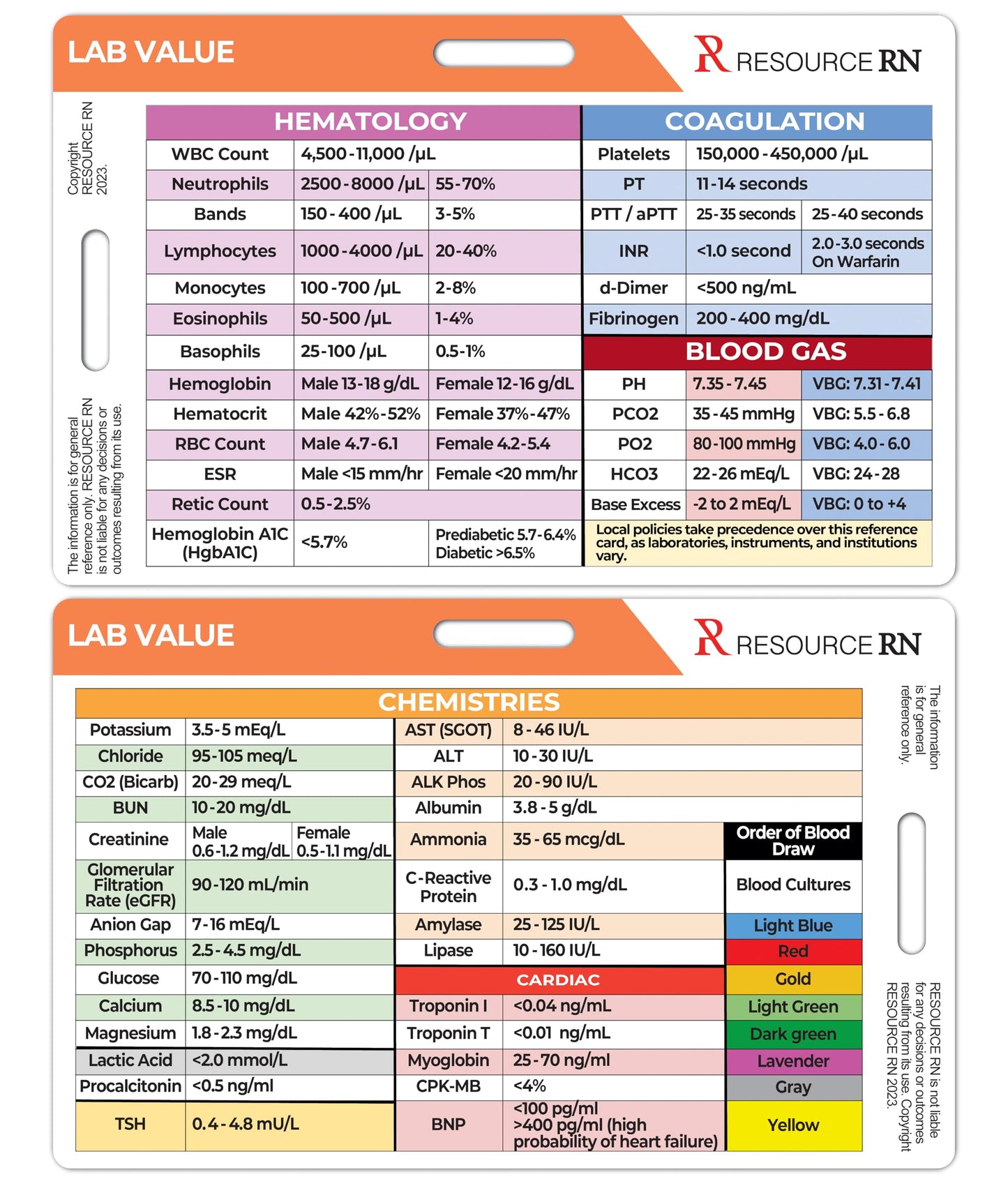 Lab Value Reference Card: Quick Clinical Guide, Fits Horizontal & Vertical Badge Reels