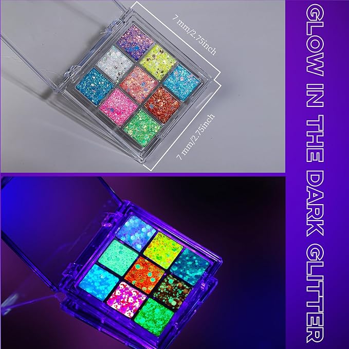 YGDZ Glow in The Dark Body Glitter, Face Glitter Gel, Mermaid Face Gems Kit, Hair Glitter Jewels for Halloween Makeup, Festival Outfits for UV Black Light Party, Rave Accessories for Women
