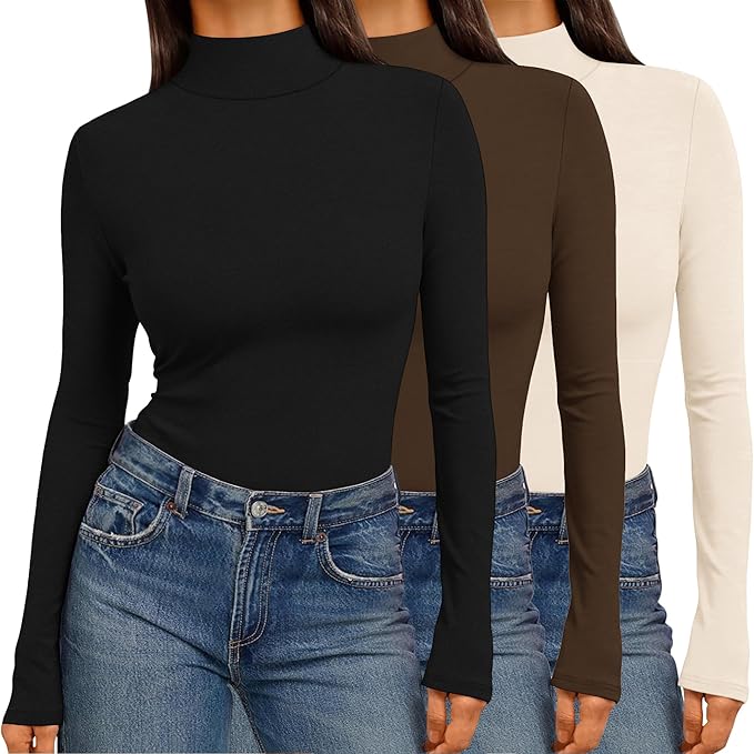 Ekouaer 3 Pack Womens Mock Turtleneck Tops Long Sleeve Shirts Slim Fit Fall Fashion Thermal Underwear Basic Winter Clothing