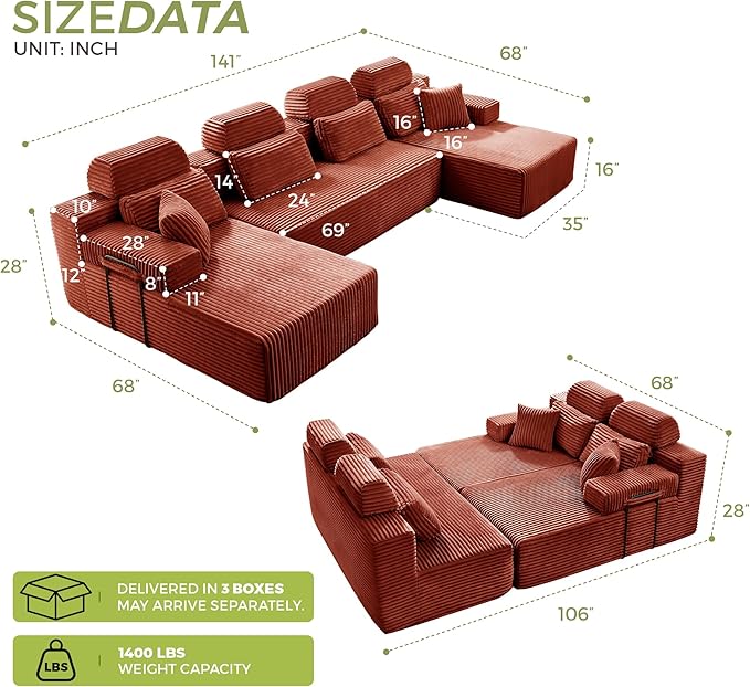 141" U-Shaped Cloud Modular Sectional Sofa with Chaise & Headrest, Boneless Deep Seat Plush Corduroy Couches for Large Living Room, No Assembly Required (Orange, 141" U-shapred Chaise)
