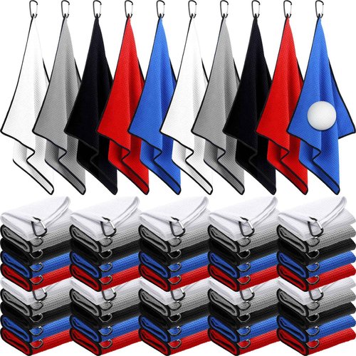 Batiyeer 50 Pcs Golf Towels Bulk for Bags 16'' x 16'' Microfiber Waffle Pattern Golf Towel with Clipfor Mini Tournament, Club, Yoga, Fitness (Multi Colors)