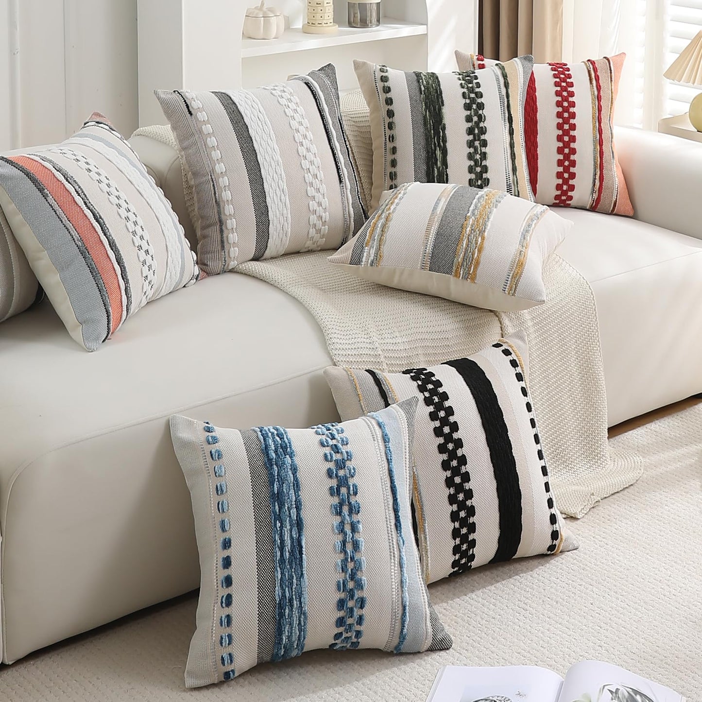 Boho Pillow Covers 18x18 Set of 2 for Couch-Modern Farmhouse Sofa Decorative Blue Throw Pillow Covers Textured Chenille Cushion Covers Outdoor Netural Bohemian Pillow Cases Square