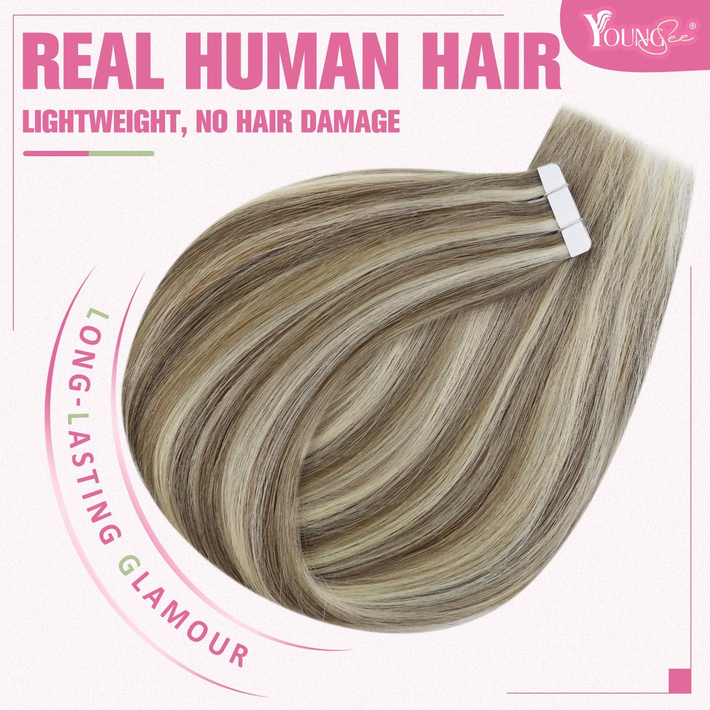 YoungSee Tape in Extensions Human Hair Highlights 20 Inch Blonde and Light Brown Hair Extensions 20pcs 50g Real Hair Tape in Ext