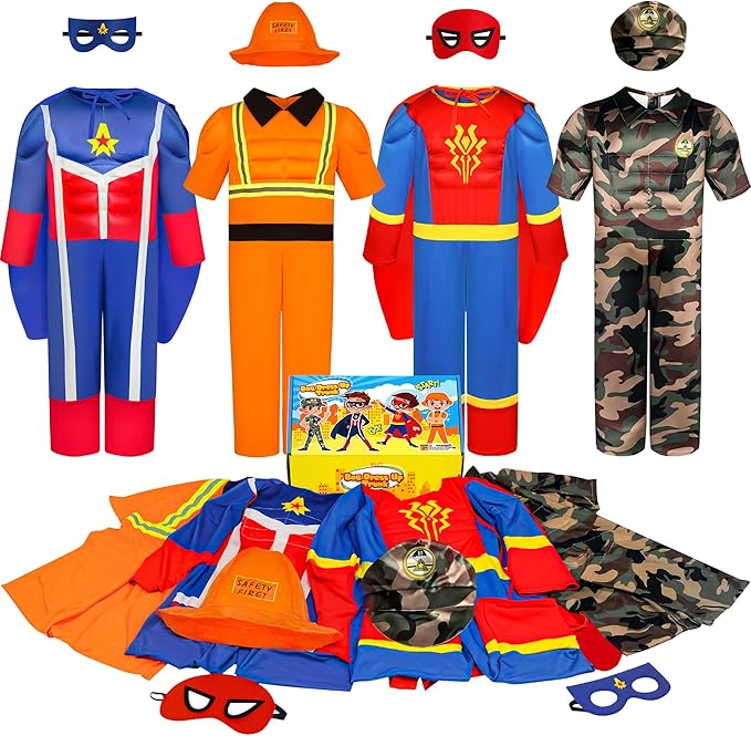 Teuevayl Boys Muscle Chest Dress up Costumes Trunk with Superhero, Construction Worker, Military Costume, Kids Pretend Rol...