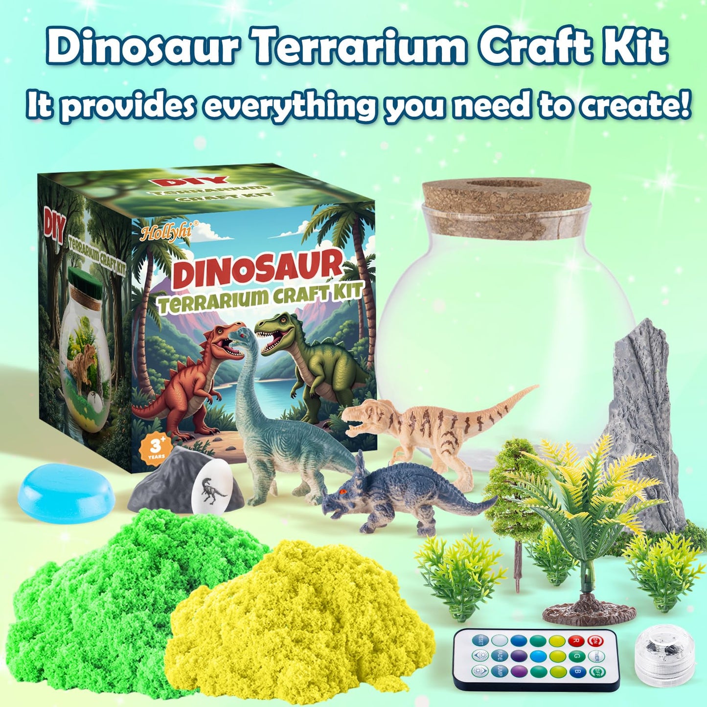 Hollyhi Light Up Terrarium Kit for Kids, DIY Dinosaur Toys for 3 4 5 6 7 8 9 10 11 12 Year Old Girls Boys, Night Light Dinosaur Terrarium Kit Arts and Crafts for Girls, Kids Christmas Birthday Gifts
