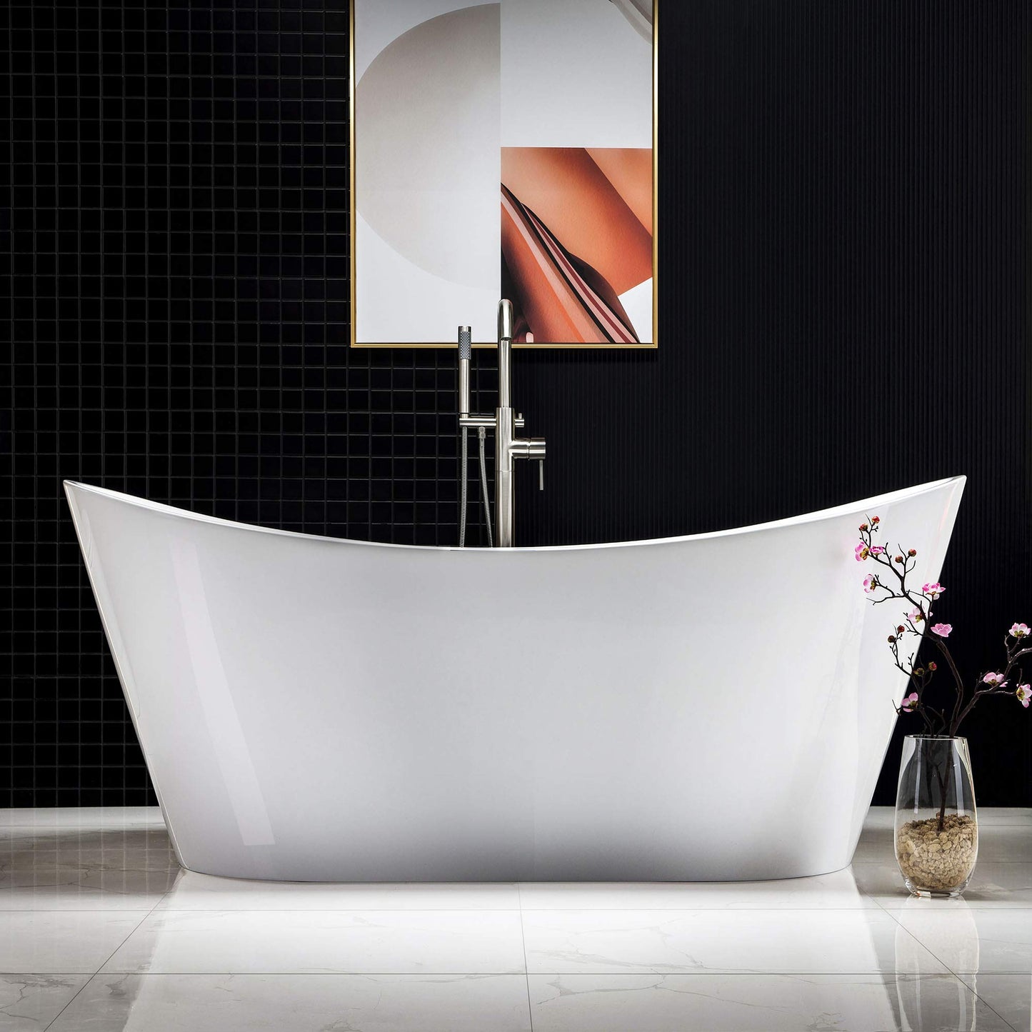 WOODBRIDGE 67" Acrylic Freestanding Bathtub Contemporary Soaking Tub, White Acrylic (Brushed Nickel Drain/Overflow),B-0010 B/N-Drain &O