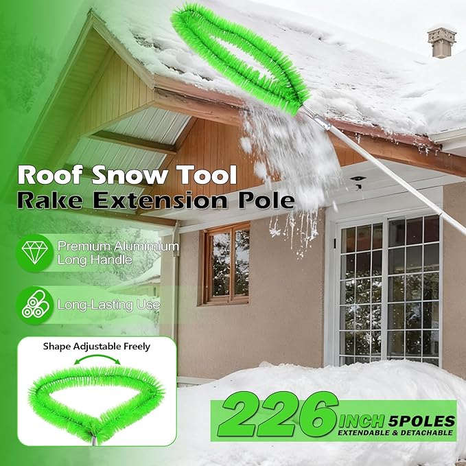 19Ft Roof Rake Brush for Snow and Leaves, Gutter Cleaning Broom Tool, Spider Web Brush Cleaner for Shingles, Corrugated，High Ceiling,Porch,Outdoor Window Cob Web Remover - Lightweight Pole