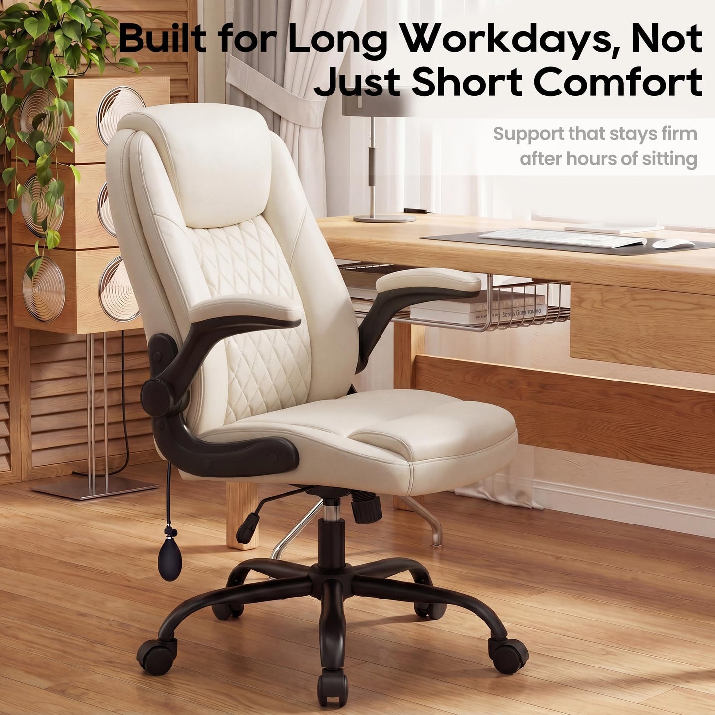 MALOL Leather Office Chair, Computer Desk Chair with Adjustable Lumbar Support, Thick Cushion, Flip-Up Arms and Ergonomic Back, Comfy Executive Office Chair for Home Office Gaming,Beige