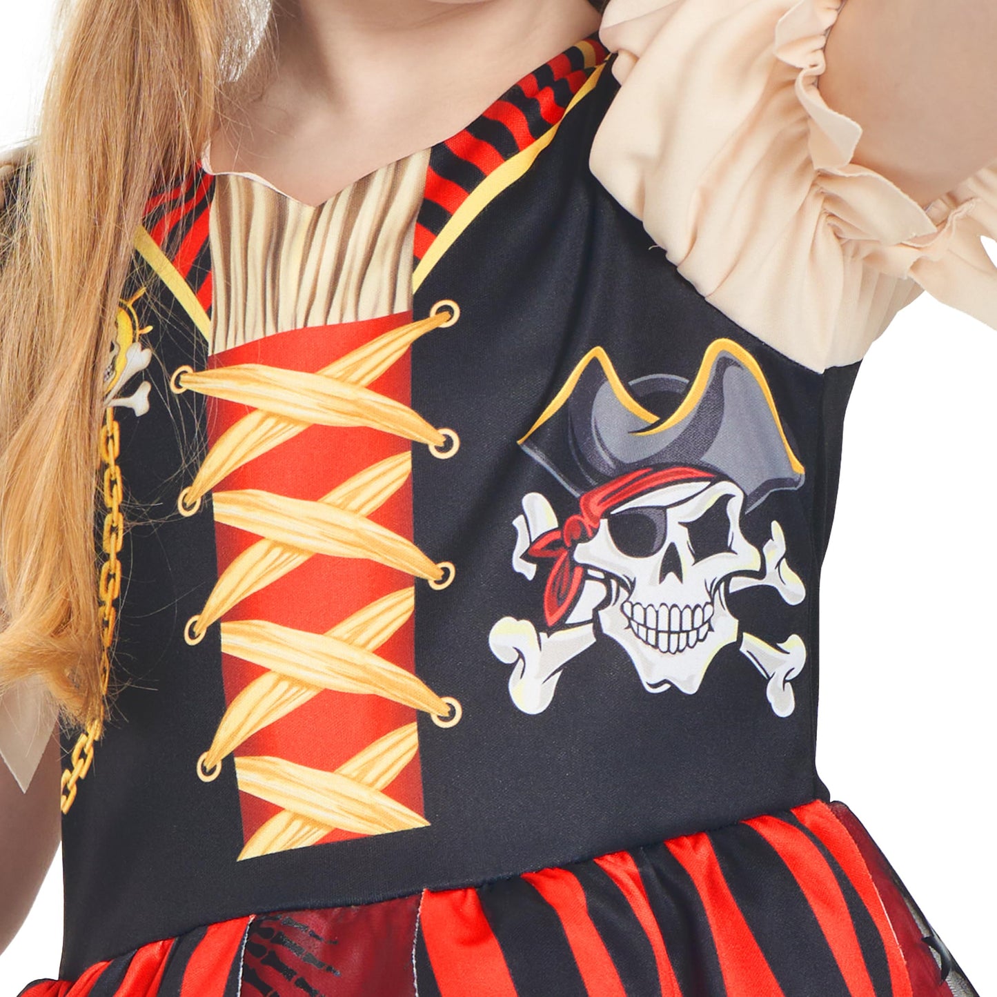 IKALI Girls Pirate Costume with Hat Accessories, Buccaneer Princess Fancy Dress Outfit for Kids 4-6 Years Themed Party Role Play