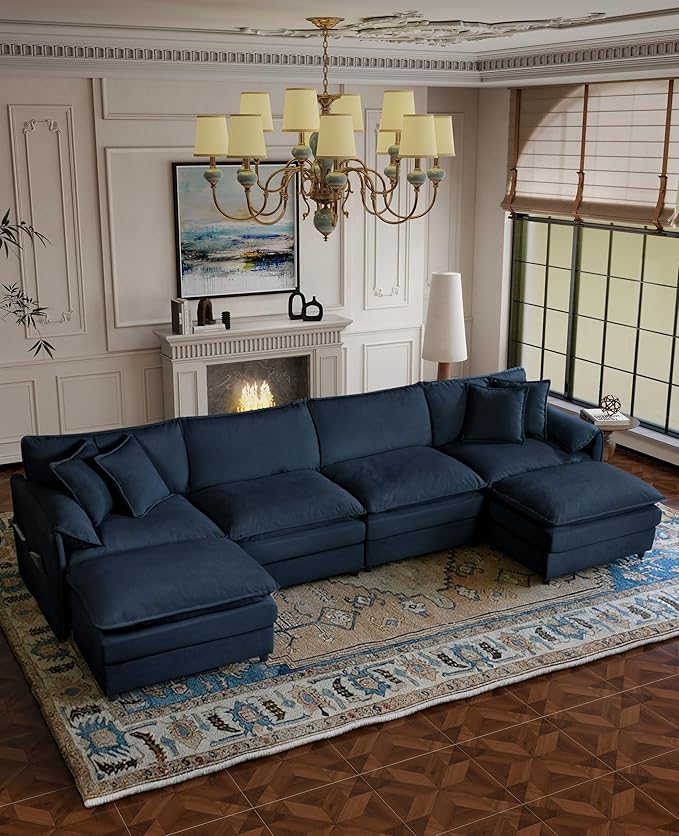 RENDGO 143" Modular Sectional Sofa, Chenille Cloud Couch for Living Rooms & Apartment, Deep Seat Comfort, Flexible U-Shape Combination Sofa for Family Guest Rooms,2 Ottoman,Blue