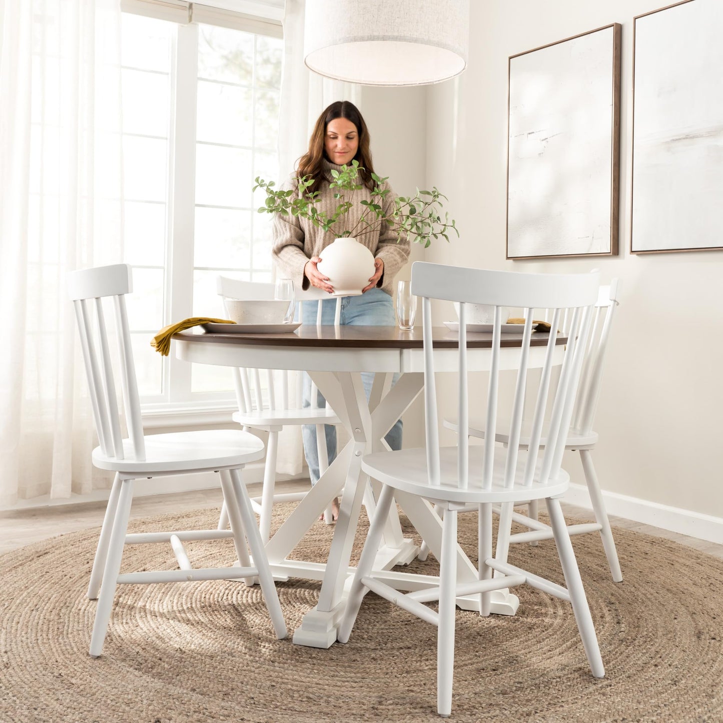 Bush Home Round Dining Table, 45 inch Trestle Design, Modern Transitional, West End Collection, Dark Brown and White