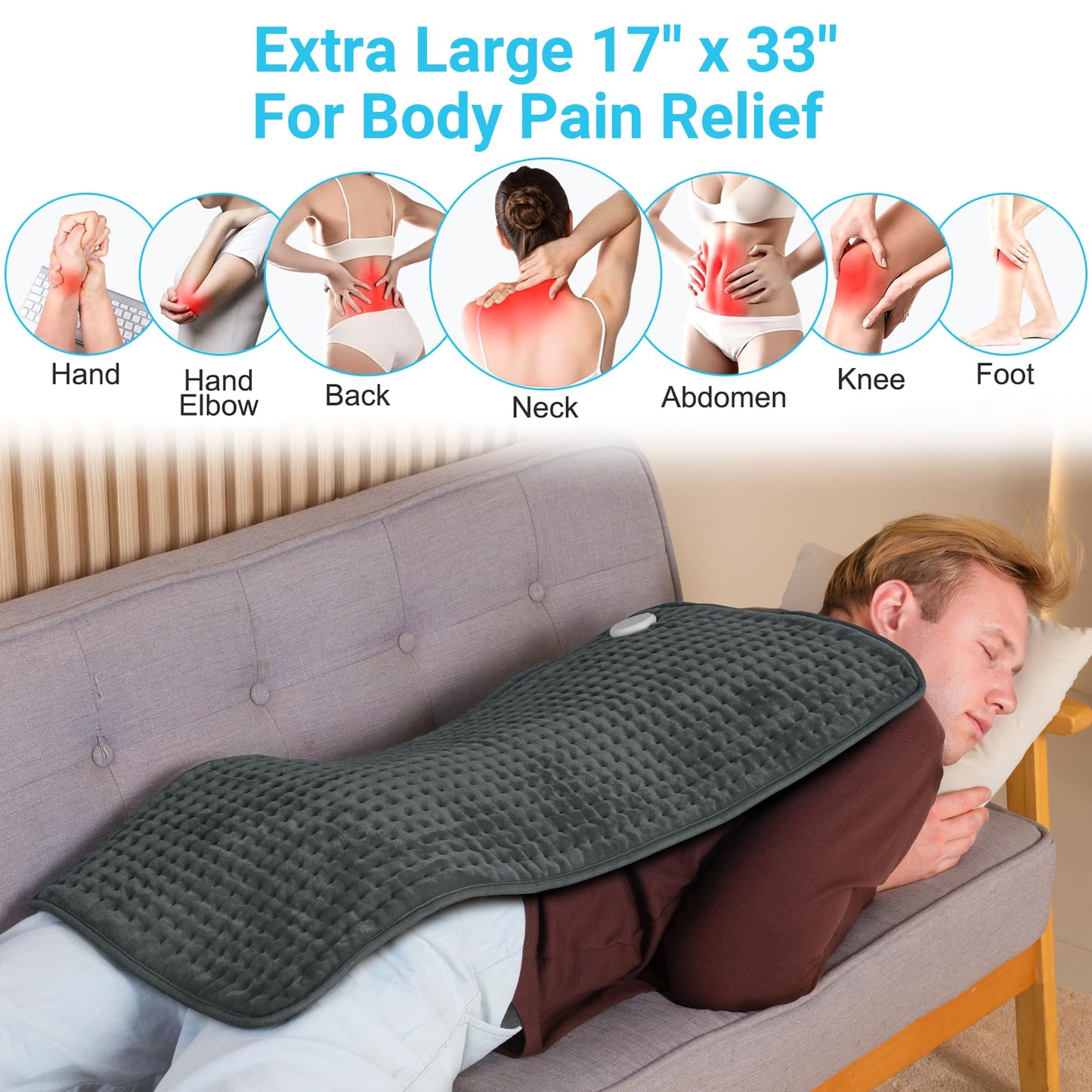 Boileau Electric Heating Pad for Back Pain and Period Cramps Relief, 17"x33" Extra Large XXXL, 3 Heating Levels Heat Pad with 2-Hour Auto Shut Off, Gifts for Women and Mom, Grey