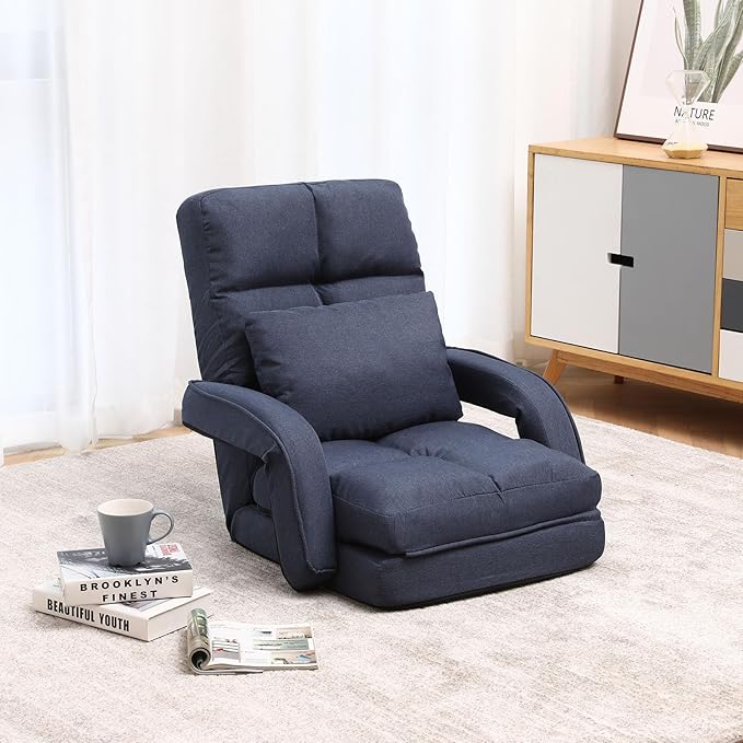 DeeLyan Indoor Floor Chair with Armrest and Pillow Folding Chaise Lounge Sofa 14-Position Adjustable Comfy Gaming Recliner Chair Padded Seats for Adults (Blue)