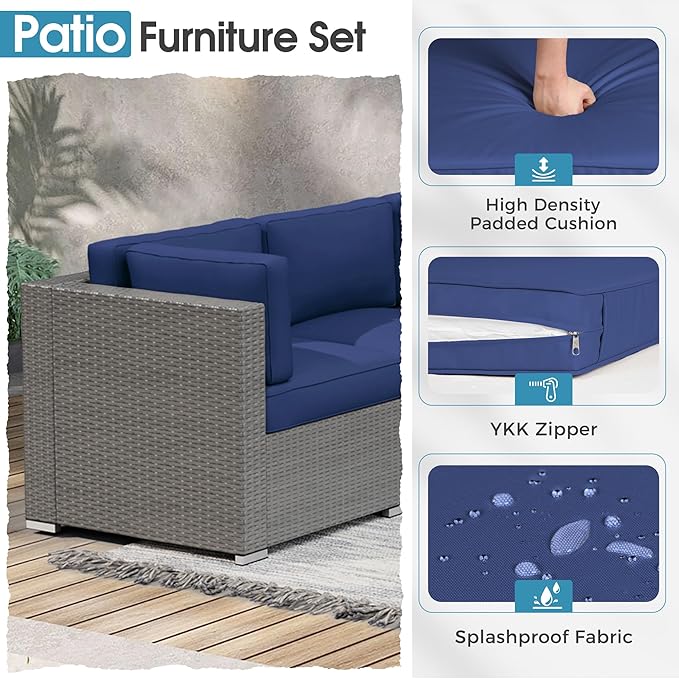 Crownland 8-Piece Outdoor Patio Furniture Sets with 45” Propane Gas Fire Pit Table, All-Weather Grey Wicker Rattan Sectional Sofa with Coffee Table(Dark Blue)