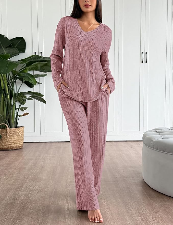 Ekouaer Lounge Sets for Women Long Sleeve Knit Ribbed Pajama Sets 2 Piece Casual Loungewear with Pockets