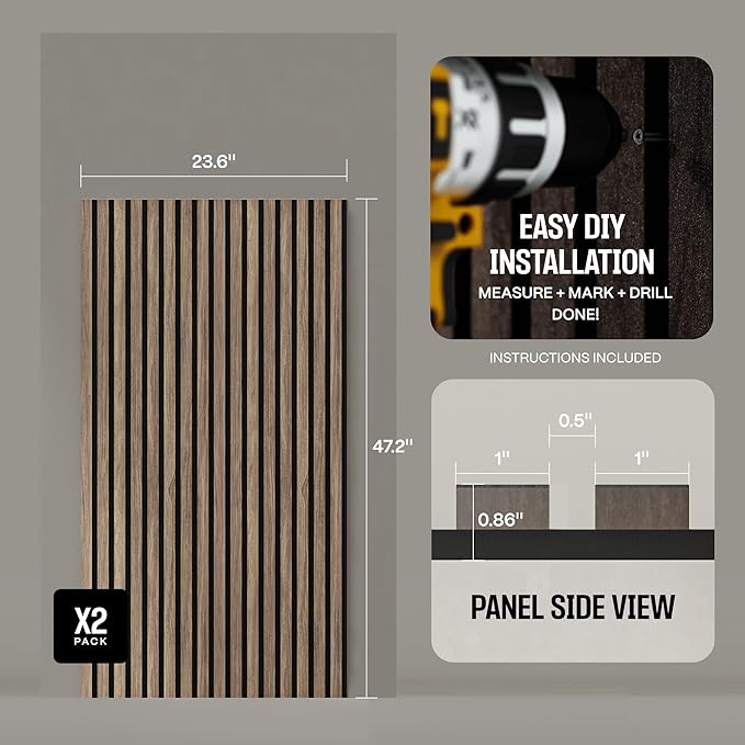 2-Pack Wood Panels for Wall - Acoustic Wood Slat Wall Panels, Soundproof Wooden Paneling for Interior Decor