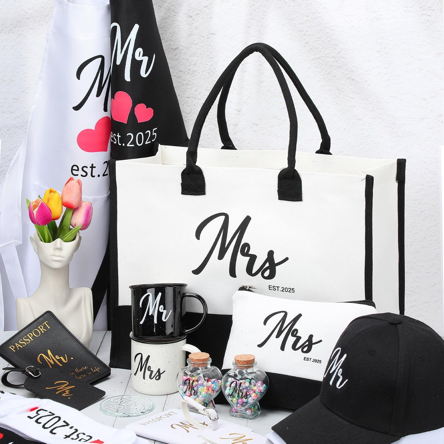 Singhoow 15 Pcs 2025 Wedding Gift Mr and Mrs Gifts for Couples Set, Mr and Mrs Aprons Wedding Honeymoon Bridal Shower Cooking Gifts Ideas for Bride Groom Engagement Anniversary Travel(Bride)