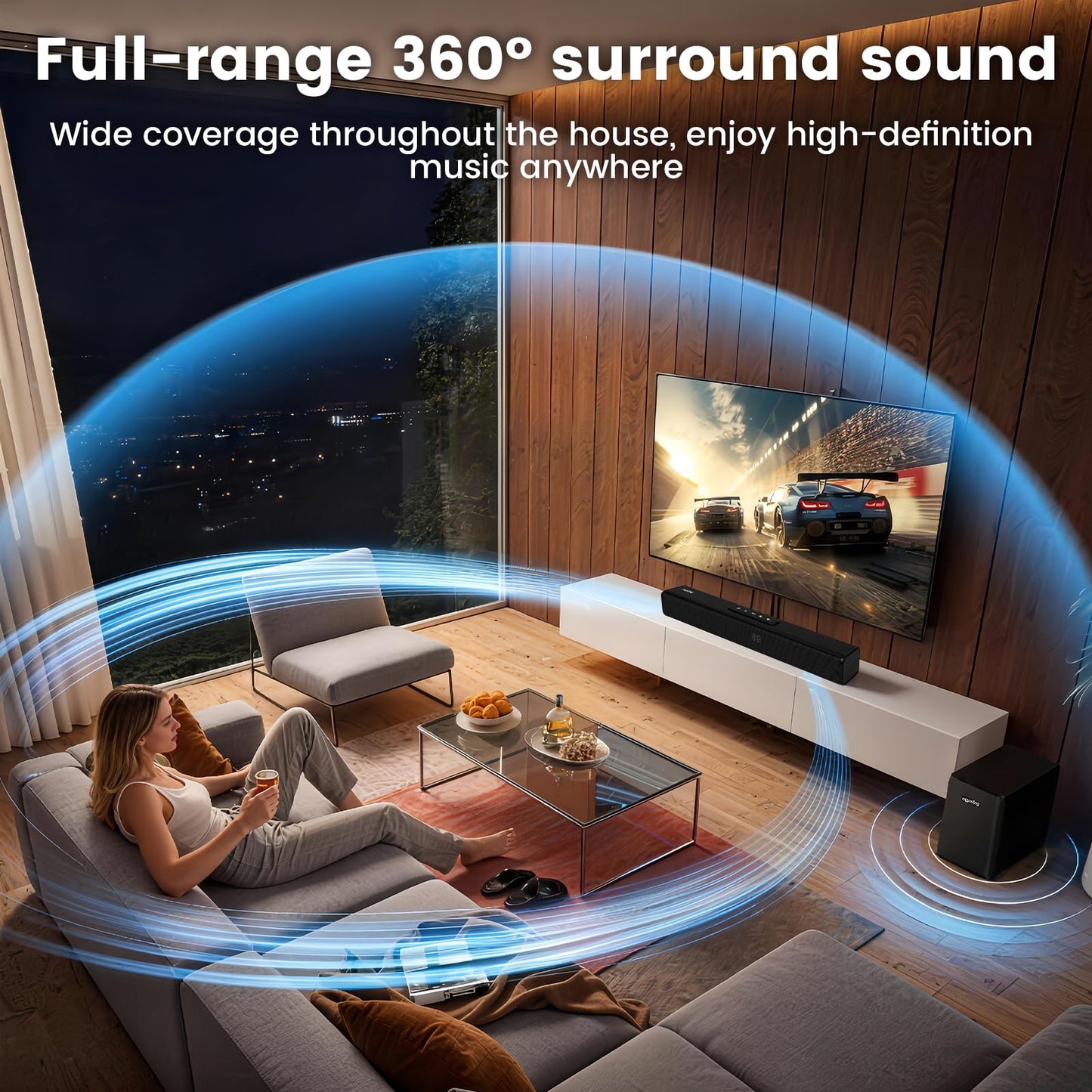 ottosing Bluetooth Soundbar with Wireless Subwoofer,Sound bar with Optical/ARC/AUX and Bluetooth 5.0 Inputs, 2.1 ch Surround Sound System for TV PC Game Music/Movie/News
