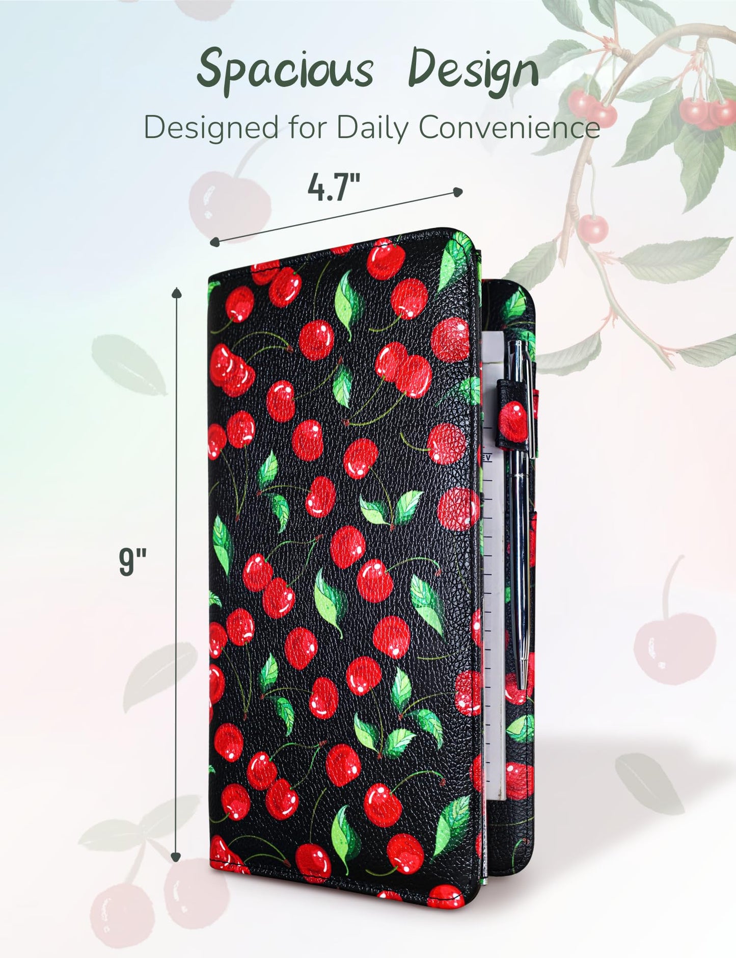 Mymazn 4.7 X 9 Cherry Server Book with Zipper Pocket Bling Waitress Book with Money Pocket and Magnetic Closure, Restaurant Waitstaff Organizer Fit Server Apron with High Volume Pocket