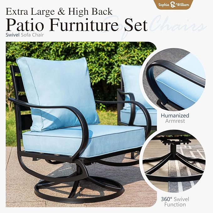 Sophia & William Patio Furniture Sets for 7 Outdoor Conversation Set 6 Pcs with 4 x Armrest Cushioned Sofa Chairs, 1 x 3-Seat Sofa, 1 Marbling Metal Coffee Table Garden Backyard Poolside Blue