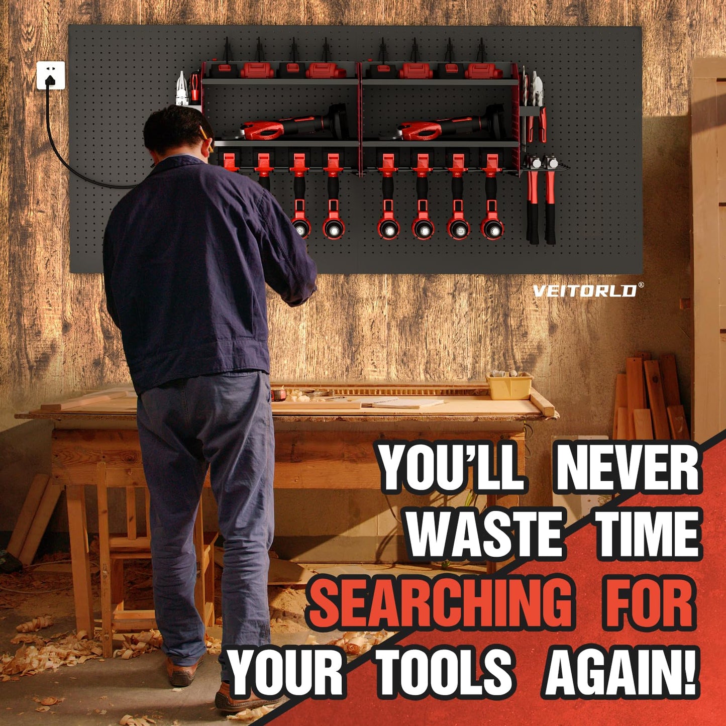 Veitorld Power Tool Organizer with Charging Station - 4 Drill Holders - Heavy Duty Modular Wall Mount Rack for Garage, Tool Storage Organizer - Christmas Birthday Gifts for Men Dad Him Husband