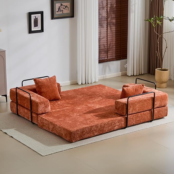 Convertible Couch Sofa Bed Foldable Floor Sleeper | Modern Fold Out Couch | Removable Backrest & Armrests | No Assembly Compression Sofa Sleeper for Living Room, Bedroom | Orange Chenille