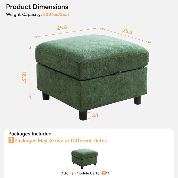 WUTUTUEE 25”Square Storage Ottoman Module for Modular Sectional Sofa, Living Room Coffee Table Sectional Ottoman Footrest for Convertible Couch, Chenille Dark Green