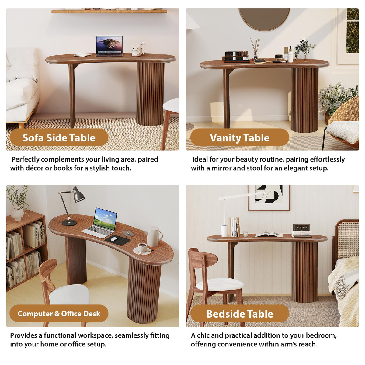 LEVNARY 54.3" Curved Small Computer Desk, Wooden Executive Desk with Sturdy Fluted Legs, Modern Luxury Corner Single Writing Vanity Desk for Bedroom Living Room Home Office (Walnut)