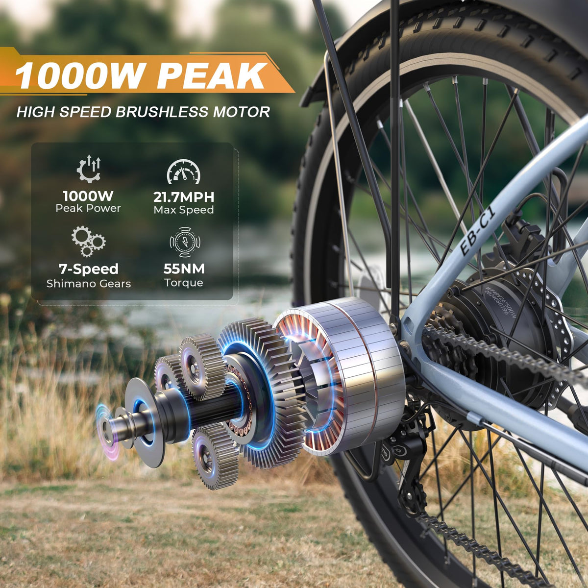 Funhang Electric Bike for Adults, 26" 1000W Peak City Cruiser Ebike, 21.7MPH 50 Miles Commuter Electric Bicycle with 48V 374.4WH Removable Li-ion Battery, Adjustable Stem, Rear Rack, Fenders, 7-Speed