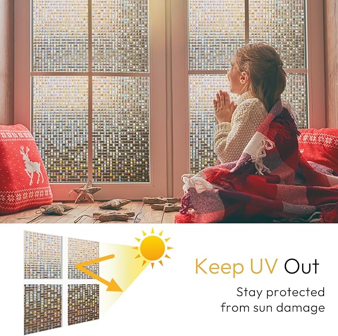 rabbitgoo Window Privacy Film Stained Glass Window Film, Mosaic Rainbow Decorative Glass Cling, Removable Static Cling Tint, Non-Adhesive Privacy Covering for Home, Brown, 11.8 x 78.7 inches