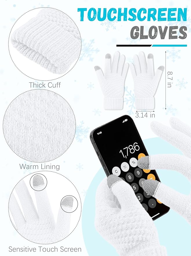 Winter Hat Scarf Gloves and Ear Warmer, Knit Warm Beanie Hat Touch Screen Gloves Long Knitted Plaid Scarf Set Gifts for Women
