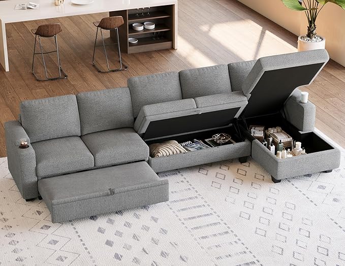 Belffin Modular Sectional Sleeper Sofa Bed with Storage Chaise L Shaped Sectional Couches for Living Room Armrest with Cup Holder. Light Gery Couch