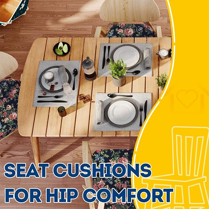 AAAAAcessories D-Shaped Chair Cushions, 2" Thick Dining Chair Pads with Ties and Removable, Machine-Washable Cover, 17" x 16", Set of 6, Night-Blooming Blossoms