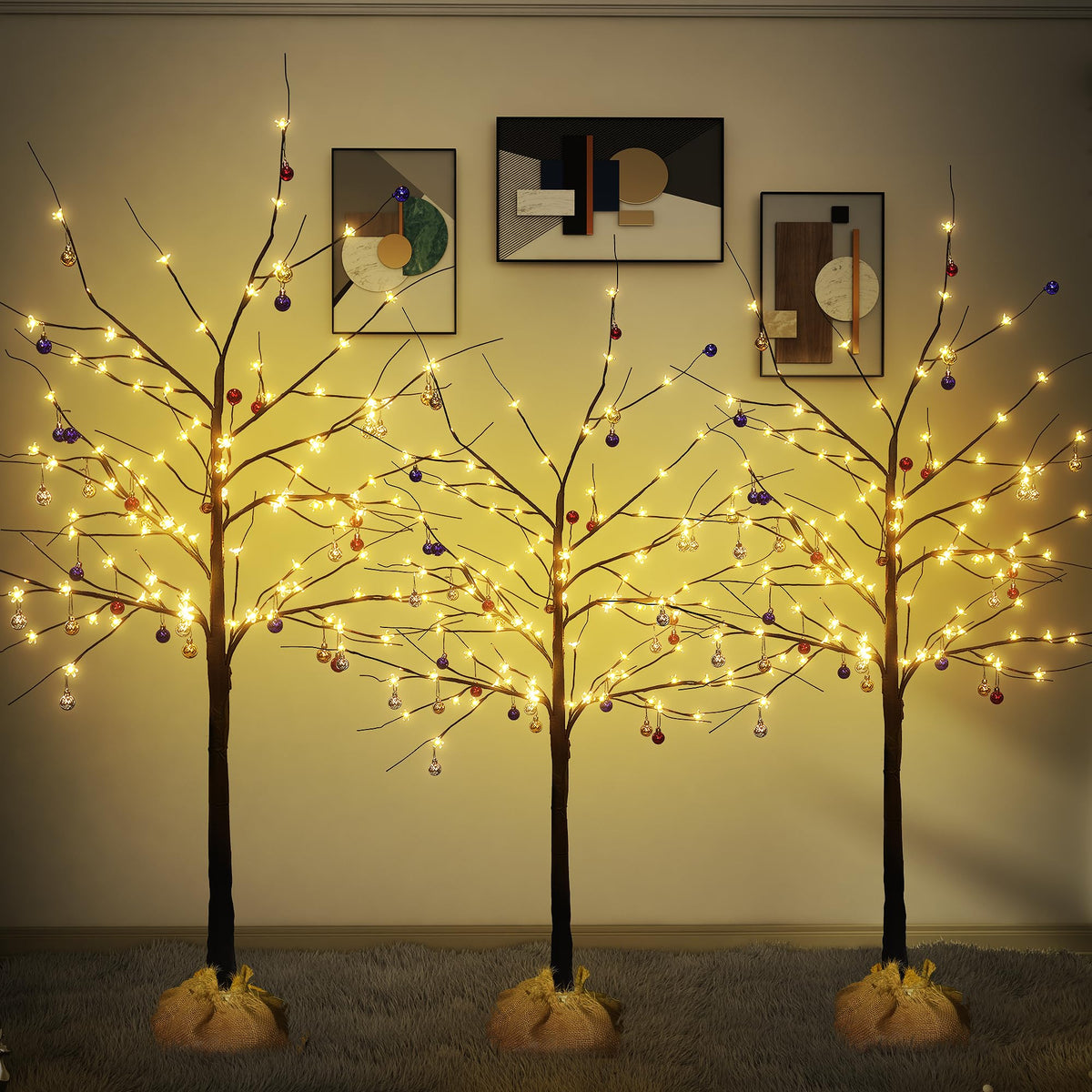 Set of 3 Birch Tree with LED Lights, 4FT 5FT 6FT Prelit Christmas Tree, Lighted Black Artificial Tree for Indoor Outdoor, Thanksgiving Christmas Seasonal Holiday Decoration