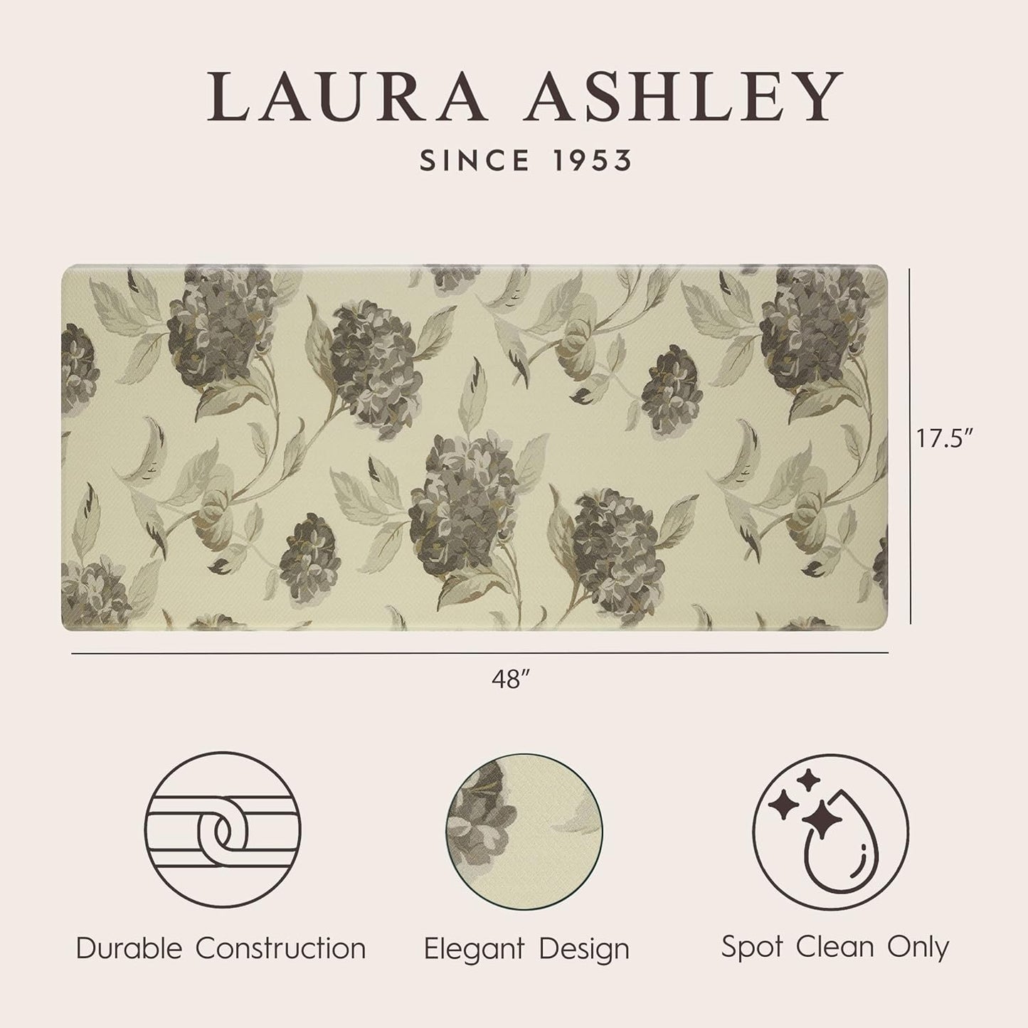 Laura Ashley – Anti-Fatigue Kitchen Mat | Floral Hydranga Design | Stain, Water & Fade Resistant | Cooking & Standing Relief | Non-Slip Backing | Measures 17.5” x 48"| Grey Hydrnga