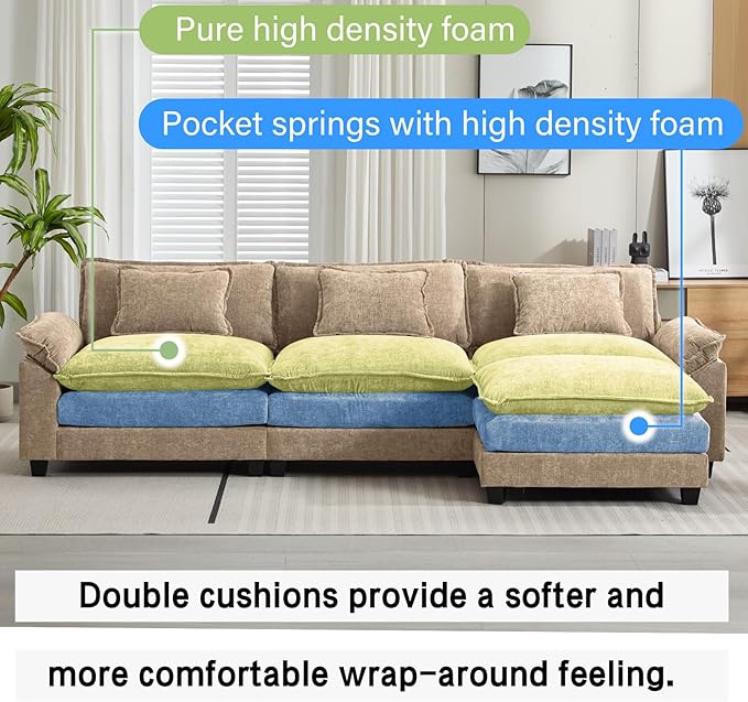 Oprisen 120" Modular Sectional Sofa, Comfy Cloud Couch Sectional Sofa with Ottoman, Chenille Sofa Sleeper Deep Seat Sofa with Throw Pillows for Living Room (Khaki, 120"- L Shape)
