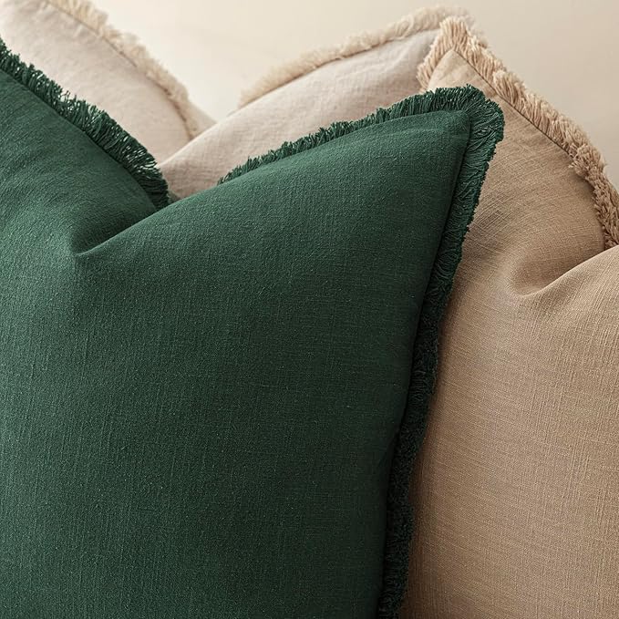Foindtower Set of 2 Decorative Linen Fringe Throw Pillow Covers Cozy Boho Farmhouse Cushion Cover with Tassels Soft Accent Pillowcase for Couch Sofa Bed Living Room Home Decor, 22×22 Inch, Pine Green