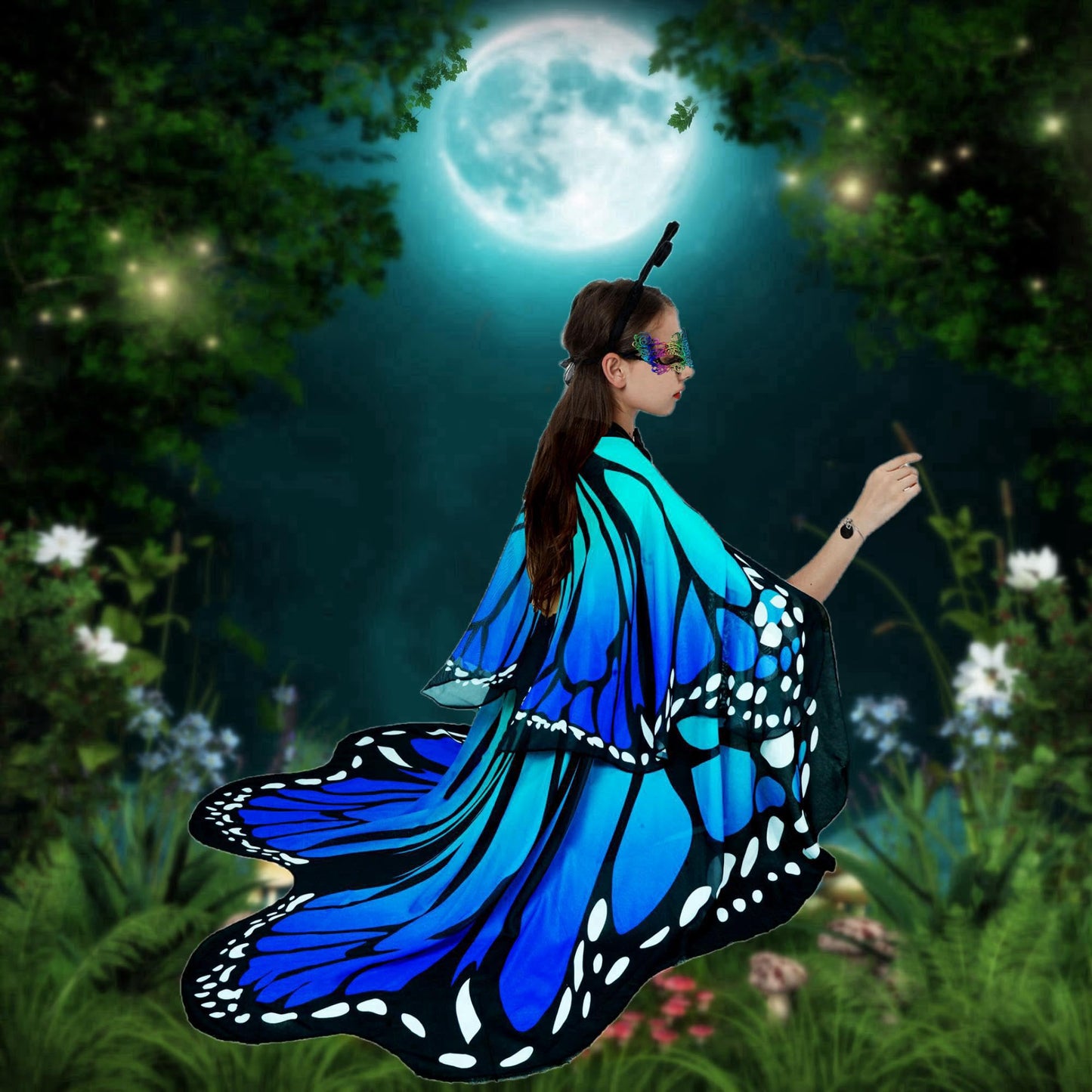Sunlisky Halloween Costumes for Women Adult Double-Sided Butterfly Costumes Wing Cape Shawl 3Pcs（Green & Blue）