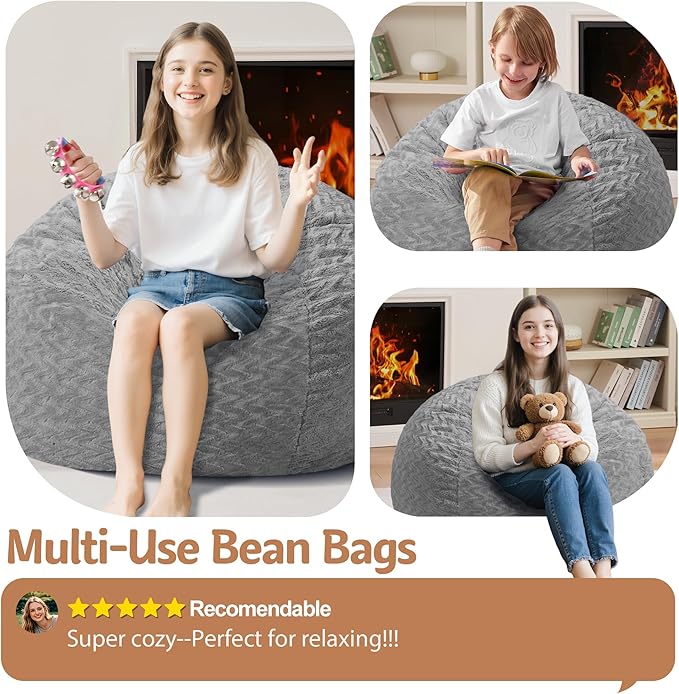 2FT Bean Bag Chair,Giant Bean Bag Chairs for Adults,Big Bean Bags with Memory Foam Filled, Large Beanbag Chairs with Chevron Plush Cover-Grey