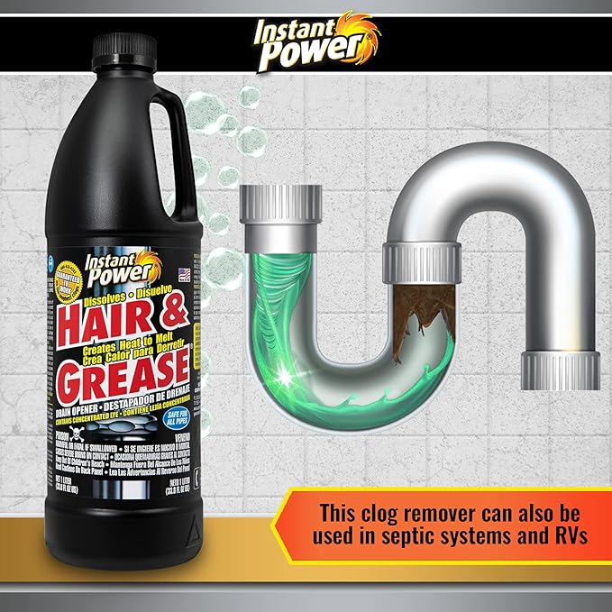 Instant Power Hair and Grease Drain Cleaner - Shower Drain & Sink Cleaner, Liquid Clog Remover, Made in USA, Sink Deodorizer - 1 Liter