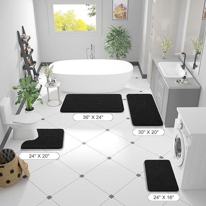 OLANLY Bathroom Rugs 59x20, Extra Soft Absorbent Chenille Bath Rugs, Rubber Backing Quick Dry, Machine Washable Bath Mats for Bathroom Floor, Tub and Shower, Home Decor Accessories, Black